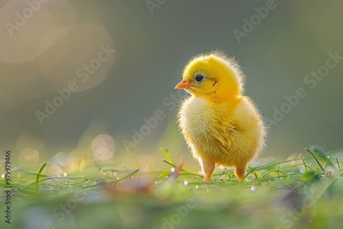 A delightful yellow chick happily walking on vibrant green grass under the bright blue sky