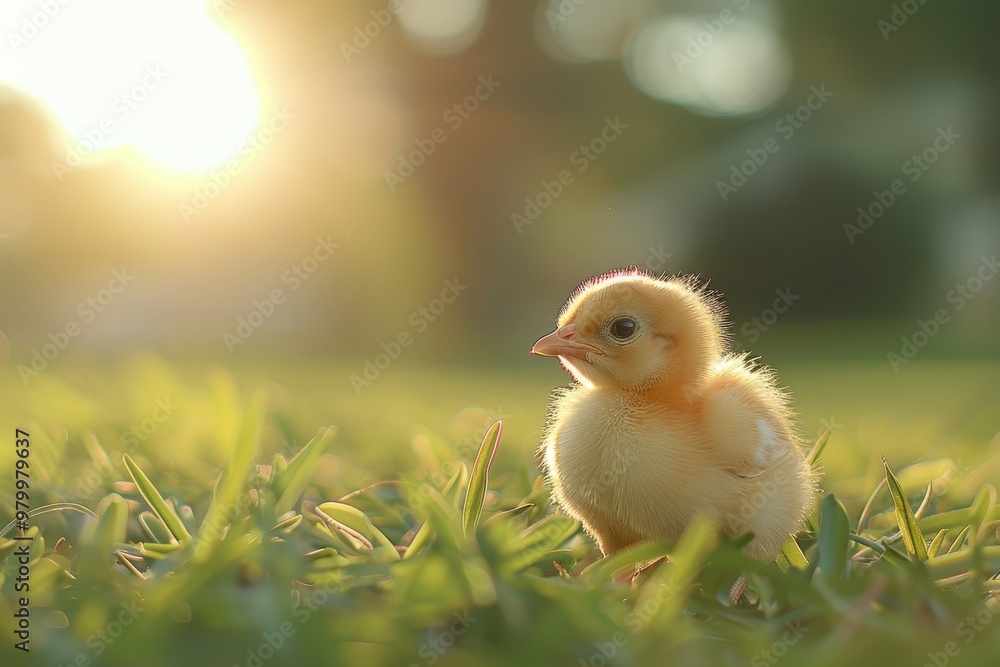 A charming yellow chick walking gracefully on lush green grass in a sunny setting A charming yellow chick walking gracefully on lush green grass in a sunny setting