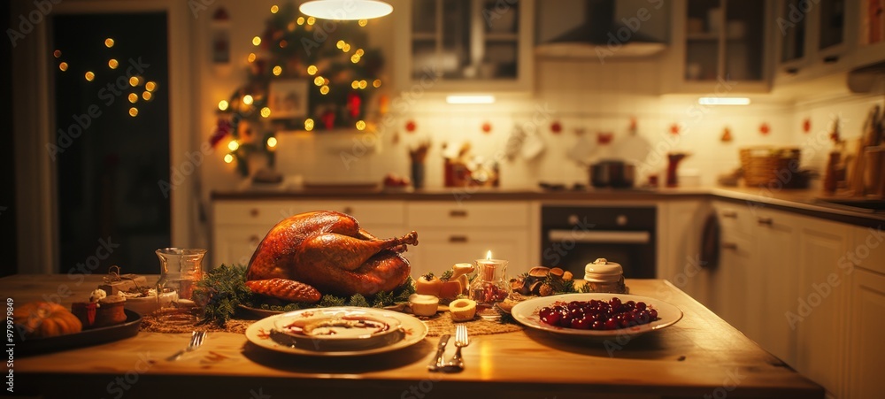 Fototapeta premium An empty Christmas kitchen, with a table set for a festive meal