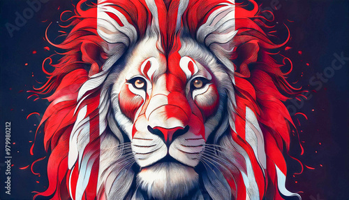 Illustration of a lion with red and white vertical stripes