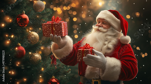 Santa puts presents under the tree