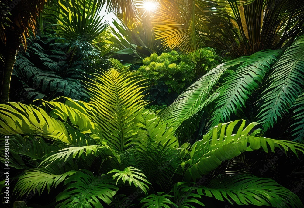 Fototapeta premium lush tropical foliage illuminated gentle sunlight showcasing vibrant greenery colorful leaves, botanical, plants, nature, bright, colors, garden, exotic
