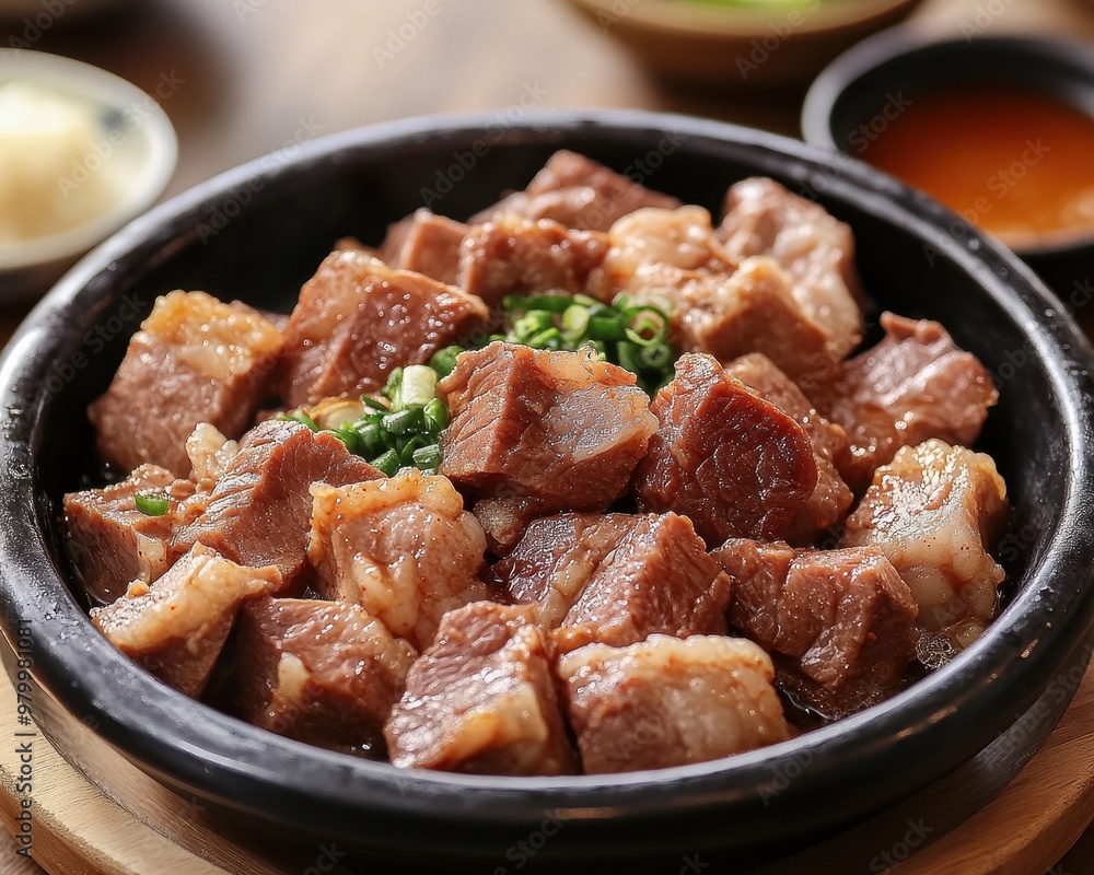 Korean dish made with boiled pork leg in soy sauce cut into pieces Korean dish made with boiled pork leg in soy sauce cut into pieces