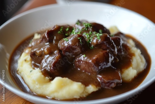 Liver cooked in gravy with mashed potatoes