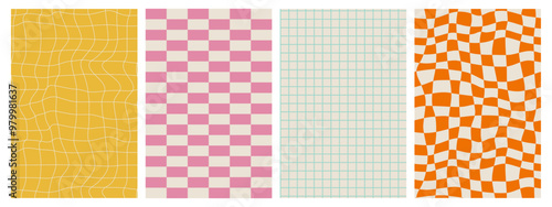 Psychedelic Checkerboard. Groovy hippie 70s background set. Trippy checkered wallpaper. Retro vector illustration in Y2k style. Funky distorted poster patterns.