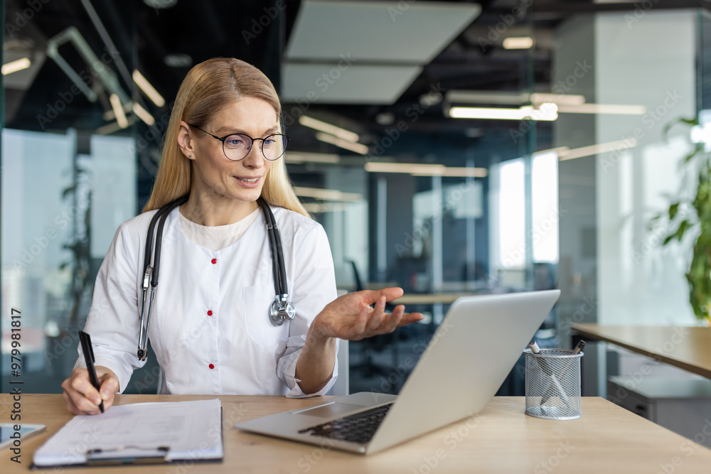 Female doctor with stethoscope engaging in virtual consultation using laptop. Office setting emphasizes professional healthcare environment. Demonstrates digital communication in modern medical Female doctor with stethoscope engaging in virtual consultation using laptop. Office setting emphasizes professional healthcare environment. Demonstrates digital communication in modern medical