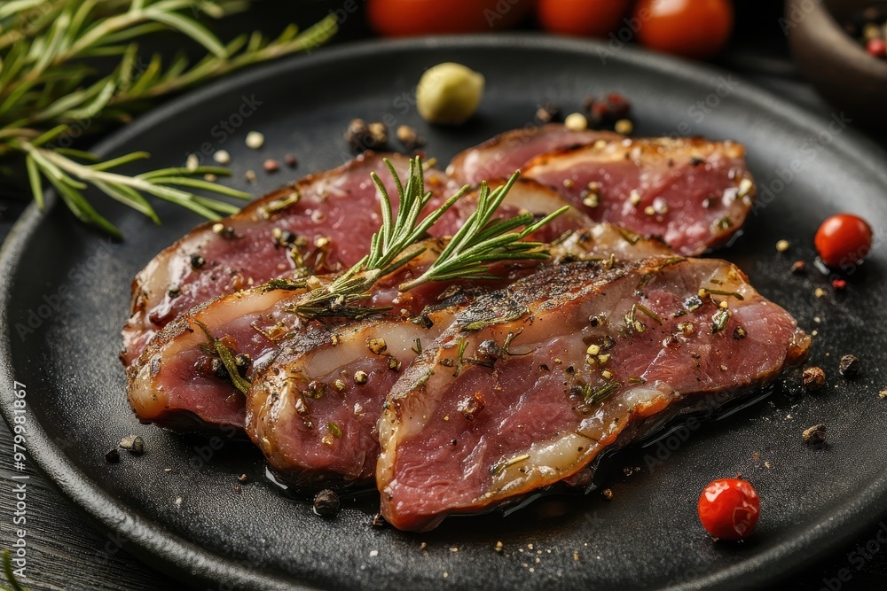 Liver slices cooked with rosemary and bacon Liver slices cooked with rosemary and bacon