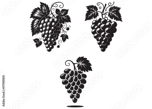 Vector black silhouette of grapes, bunch of grapes with leaf flat icon for food, grapes vector icon, silhouette grapes fruit black color, grapes fruit flat icon, grapes icon on white background.