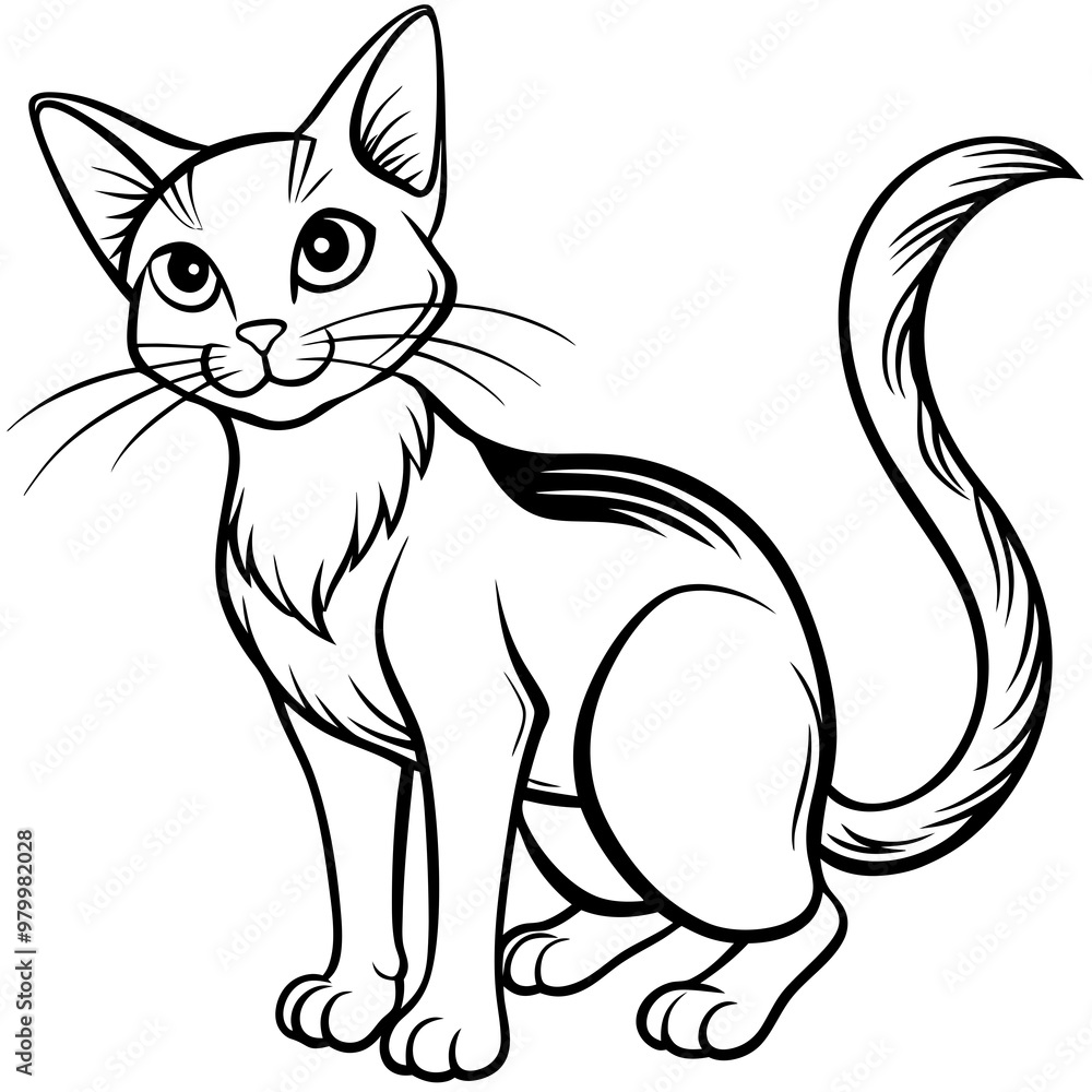 Stylized line art Cat with Curved Tail and Alert Ears Vector Stylized line art Cat with Curved Tail and Alert Ears Vector
