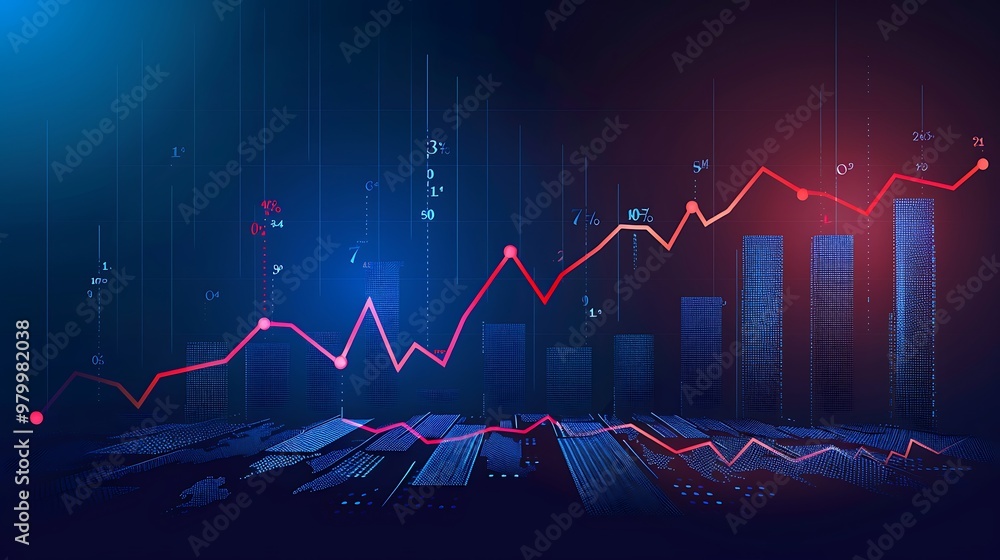 A stock market graph featuring sharp declines and upward trends on a solid blue background. A stock market graph featuring sharp declines and upward trends on a solid blue background.
