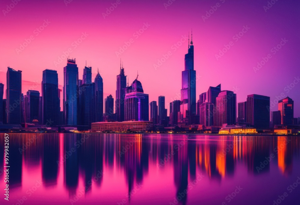 Fototapeta premium stunning vibrant city skyline twilight featuring glowing lights dazzling colors evening sky, architecture, urban, horizon, buildings, landscape, illumination