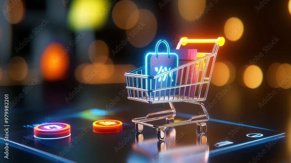 A vibrant Black Friday shopping cart icon with glowing sale percentages and bold discount symbols in bright colors. A vibrant Black Friday shopping cart icon with glowing sale percentages and bold discount symbols in bright colors.
