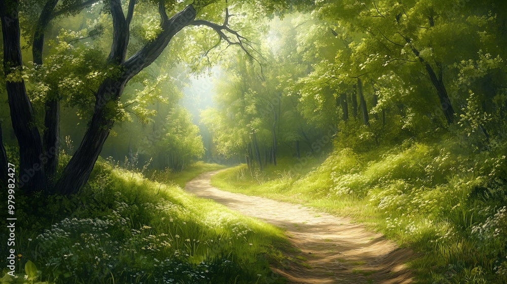 Fototapeta premium A peaceful dirt pathway meanders through a lush