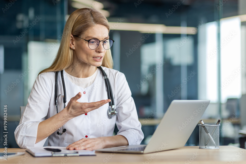 Female doctor wearing stethoscope engaged in online video call using laptop. Medical professional discussing health remotely. Concept of telemedicine, virtual consultation, technology in healthcare. Female doctor wearing stethoscope engaged in online video call using laptop. Medical professional discussing health remotely. Concept of telemedicine, virtual consultation, technology in healthcare.