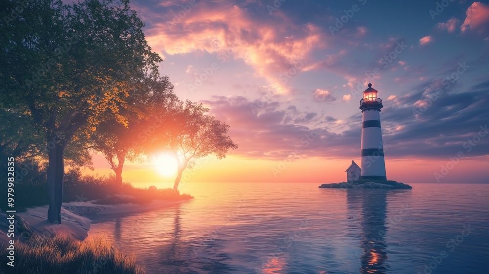 Lighthouse shining brightly at sunset, surrounded by trees Lighthouse shining brightly at sunset, surrounded by trees