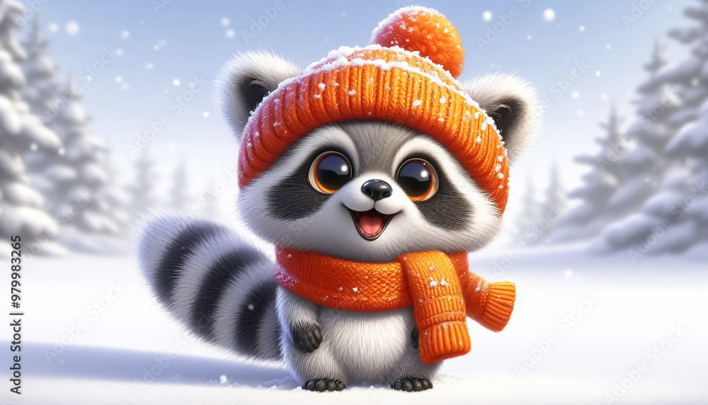 Cute raccoon illustration in snowy landscape with scarf and wool hat, holding a copy space sign. Christmas Celebration Time Cute raccoon illustration in snowy landscape with scarf and wool hat, holding a copy space sign. Christmas Celebration Time