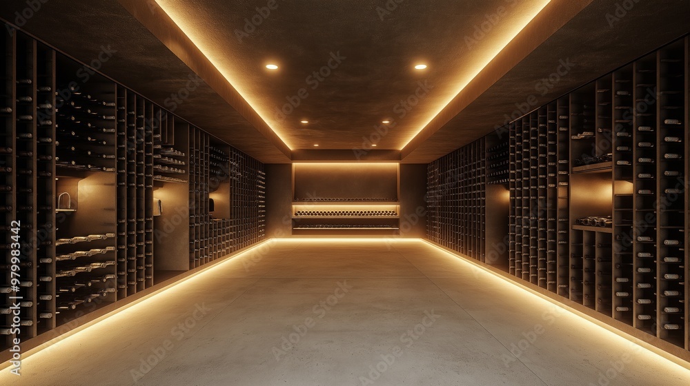 Obraz premium A contemporary wine cellar featuring minimalist design, soft lighting, and a standout bottle displayed for an exclusive ambiance