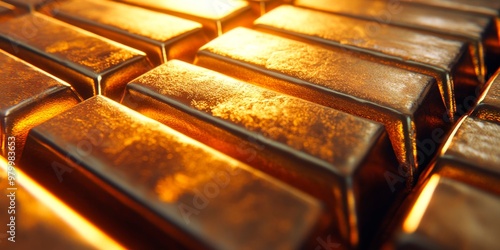 gold bars stacked in rows, symbolizing the value and security associated with the yellow metal as an asset