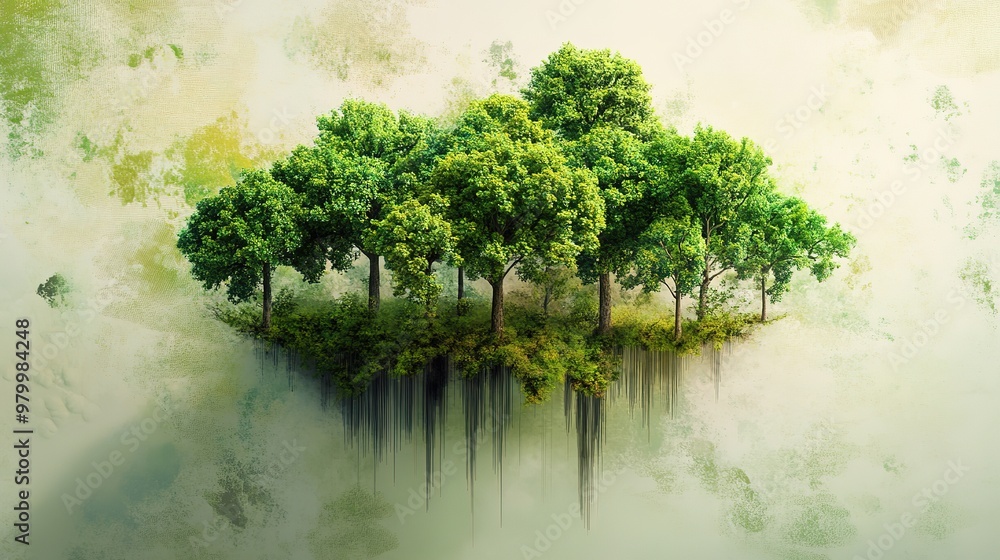 A conceptual illustration of a tree as the central element in an ecosystem, highlighting its role in ecological balance A conceptual illustration of a tree as the central element in an ecosystem, highlighting its role in ecological balance
