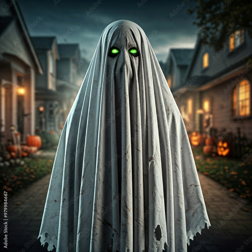Person Dressed as a scary Ghost in a White Sheet for Halloween in a Spooky, Festive Setting Person Dressed as a scary Ghost in a White Sheet for Halloween in a Spooky, Festive Setting