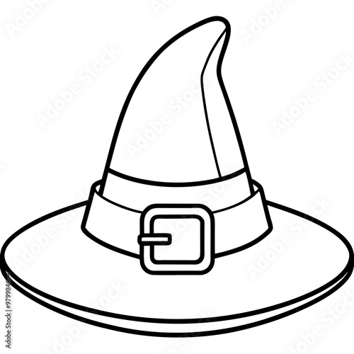 Classic Witch's Hat with Curved Brim & Buckle Outline Vector
