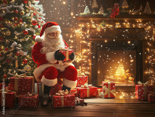Santa puts presents under the tree