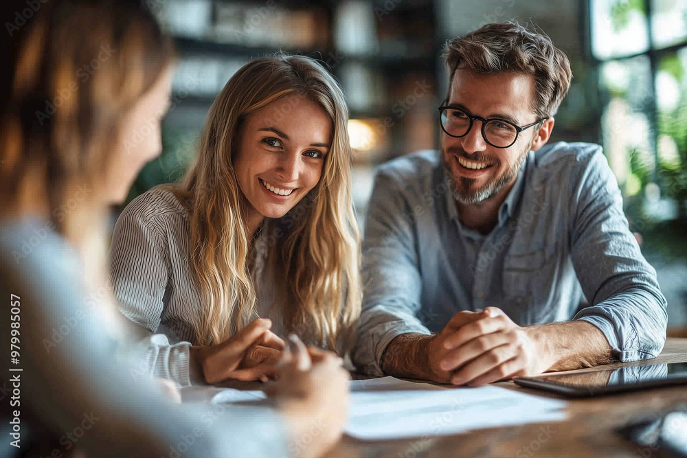 Smiling Couple Discussing Business During a Meeting Smiling Couple Discussing Business During a Meeting