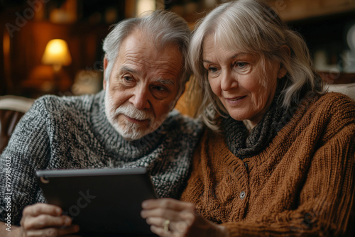 Senior Couple Smiling While Looking at Tablet Together at Home