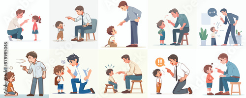 vector set of father scolding his son with a simple flat design style and white background