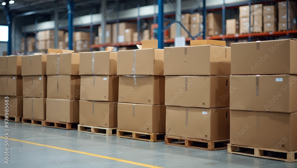 Neatly stacked cardboard boxes on pallets in warehouse with industrial shelving Neatly stacked cardboard boxes on pallets in warehouse with industrial shelving