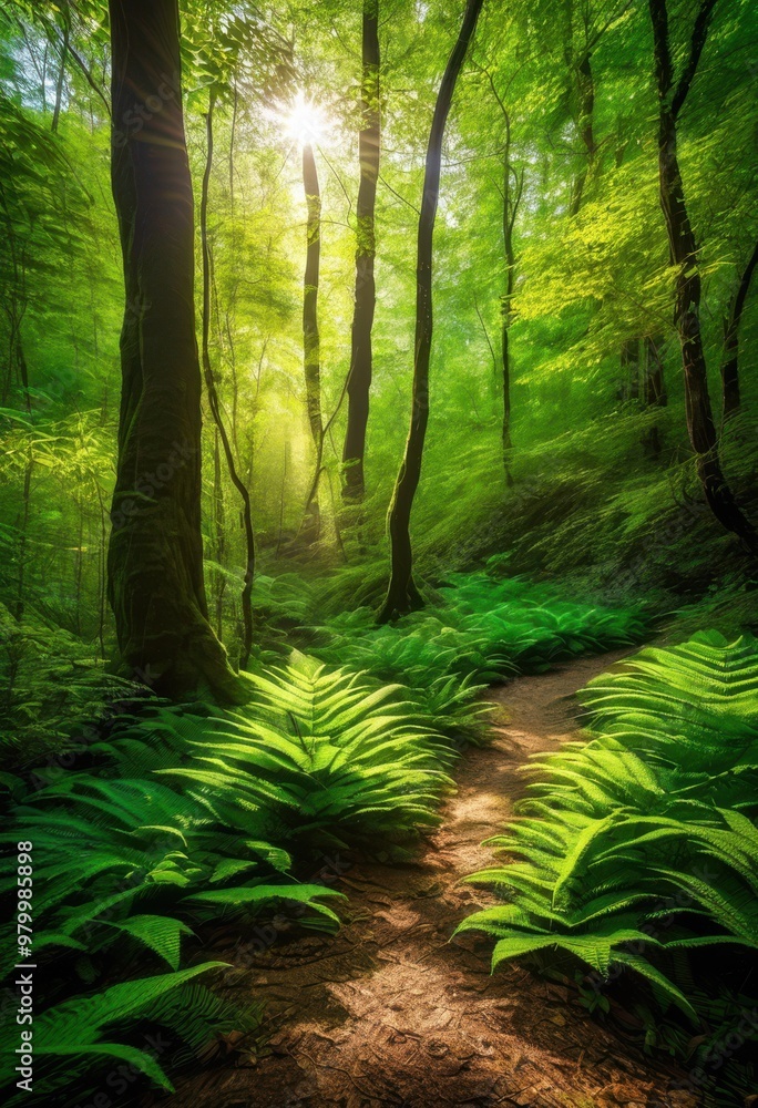 Obraz premium lush green forest trails illuminated dappled sunlight creating vibrant natural pathway experience, adventure, ambiance, biodiversity, canopy, colors