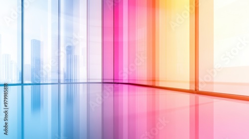 A colorful abstract image of a room with glass walls and windows, AI