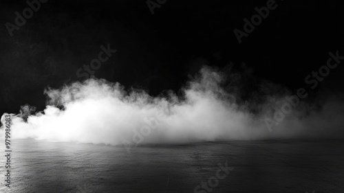 White smoke or fog flow on floor. Large mist in dark room on black background. Smoke on stage studio .generative ai