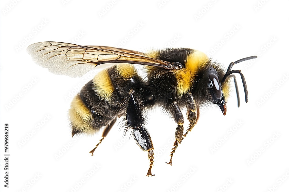 Wild American bumblebee - Bombus pensylvanicus - flying mid air with wings extended. Isolated on white background side profile view.generative ai Wild American bumblebee - Bombus pensylvanicus - flying mid air with wings extended. Isolated on white background side profile view.generative ai