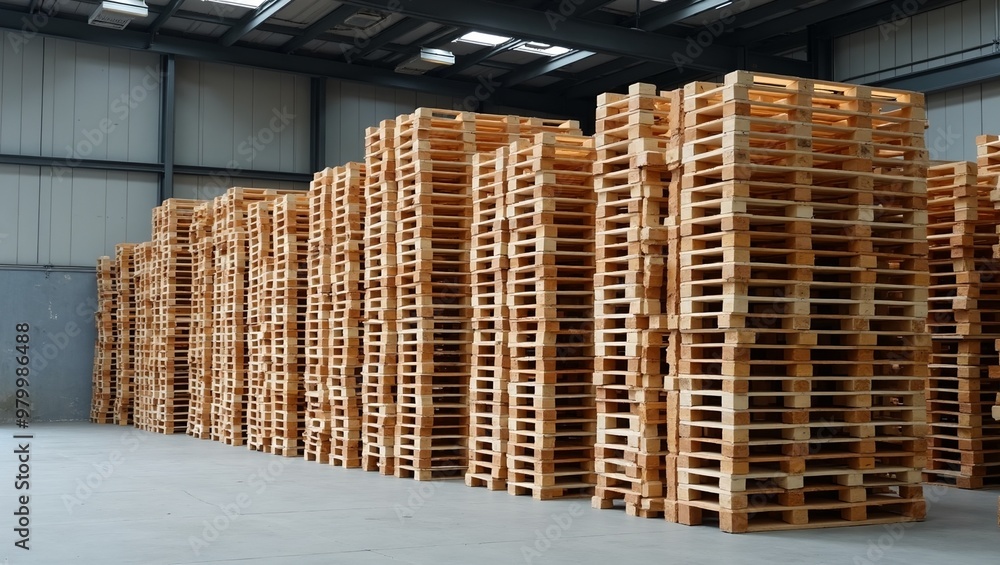 Neat wooden pallets in warehouse corner under bright industrial lights Neat wooden pallets in warehouse corner under bright industrial lights