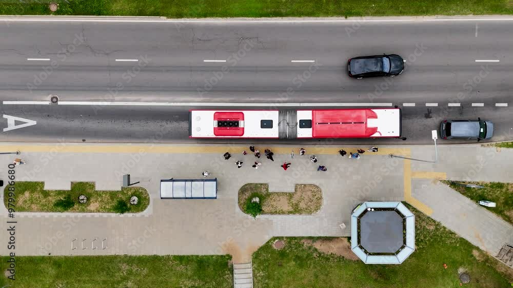 Aerial View of City Street with Bus and Pedestrians Aerial View of City Street with Bus and Pedestrians