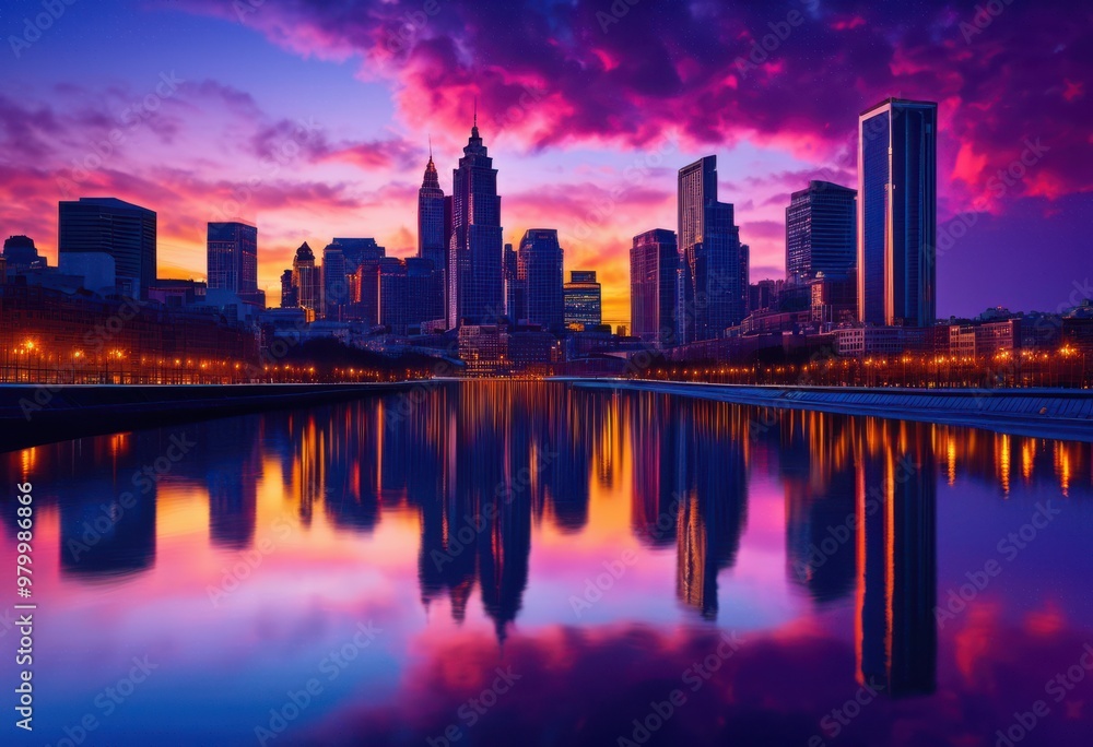 Fototapeta premium stunning urban skyline dusk featuring vibrant colors illuminated buildings twilight sky, architecture, cityscape, downtown, landscape, night, lights
