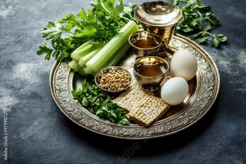 Passover tradition horseradish celery egg bone bitter herb sweet date plate photo