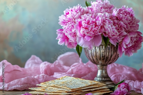 Peonies in vase and heart shaped matzah symbolize Passover photo