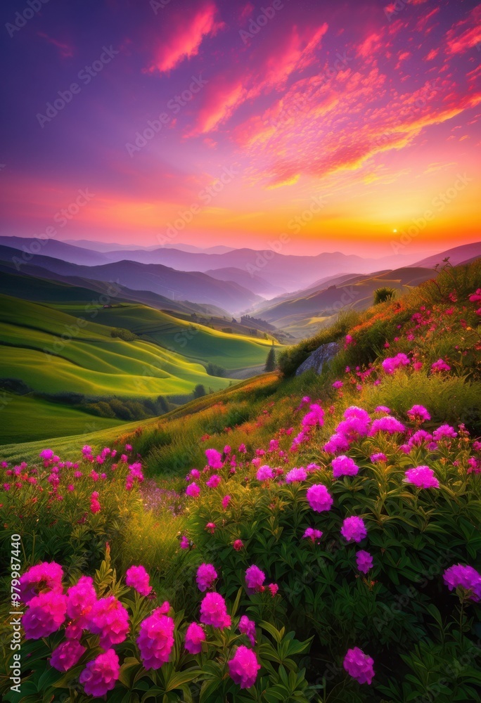 vibrant sunrise illuminating lush green hills surrounded colorful blossoming flowers, dawn, morning, light, bright, landscape, scenery, meadow, field, flora vibrant sunrise illuminating lush green hills surrounded colorful blossoming flowers, dawn, morning, light, bright, landscape, scenery, meadow, field, flora