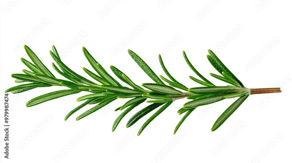 A solitary sprig of rosemary against a pure white backdrop, with a single stem in close proximity A solitary sprig of rosemary against a pure white backdrop, with a single stem in close proximity