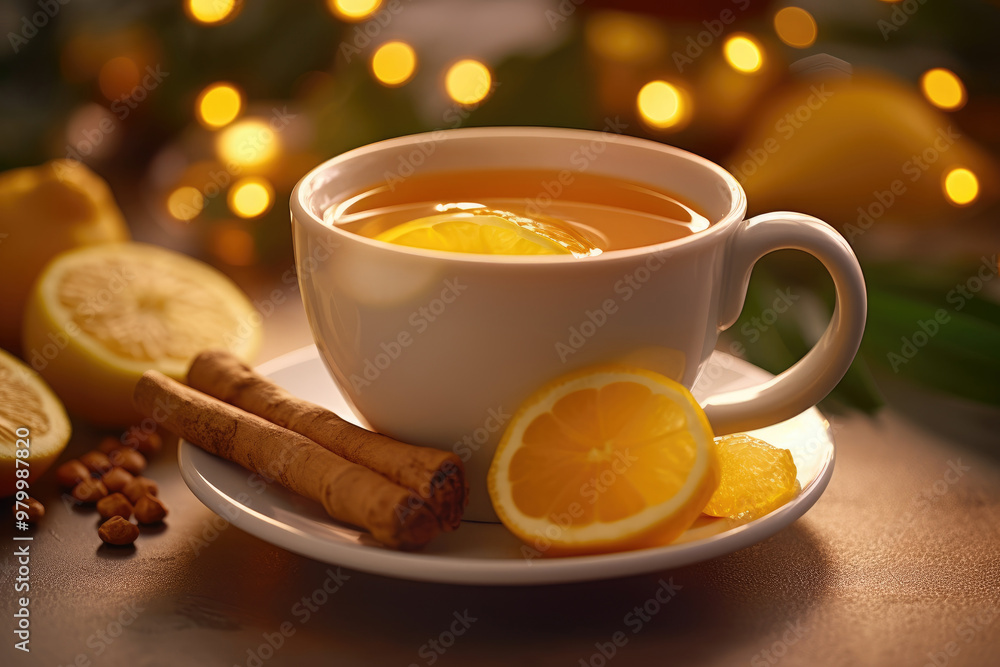 Warm lemon tea with cinnamon sticks and fresh lemon slices on a rustic table during the evening with soft lighting. Generative AI Warm lemon tea with cinnamon sticks and fresh lemon slices on a rustic table during the evening with soft lighting. Generative AI