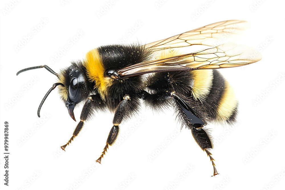 Wild American bumblebee - Bombus pensylvanicus - flying mid air with wings extended. Isolated on white background side profile view.generative ai Wild American bumblebee - Bombus pensylvanicus - flying mid air with wings extended. Isolated on white background side profile view.generative ai