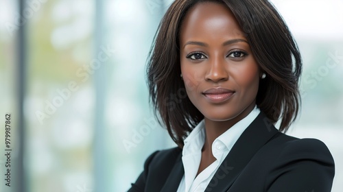 Confident young businesswoman in modern office, exuding success and professionalism. African american executive smiling, showcasing leadership qualities. Cityscape in blurred background