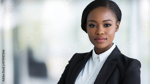 Confident young black businesswoman in a modern office, exuding professionalism and success. She poses with determination and ambition, standing out in the corporate world