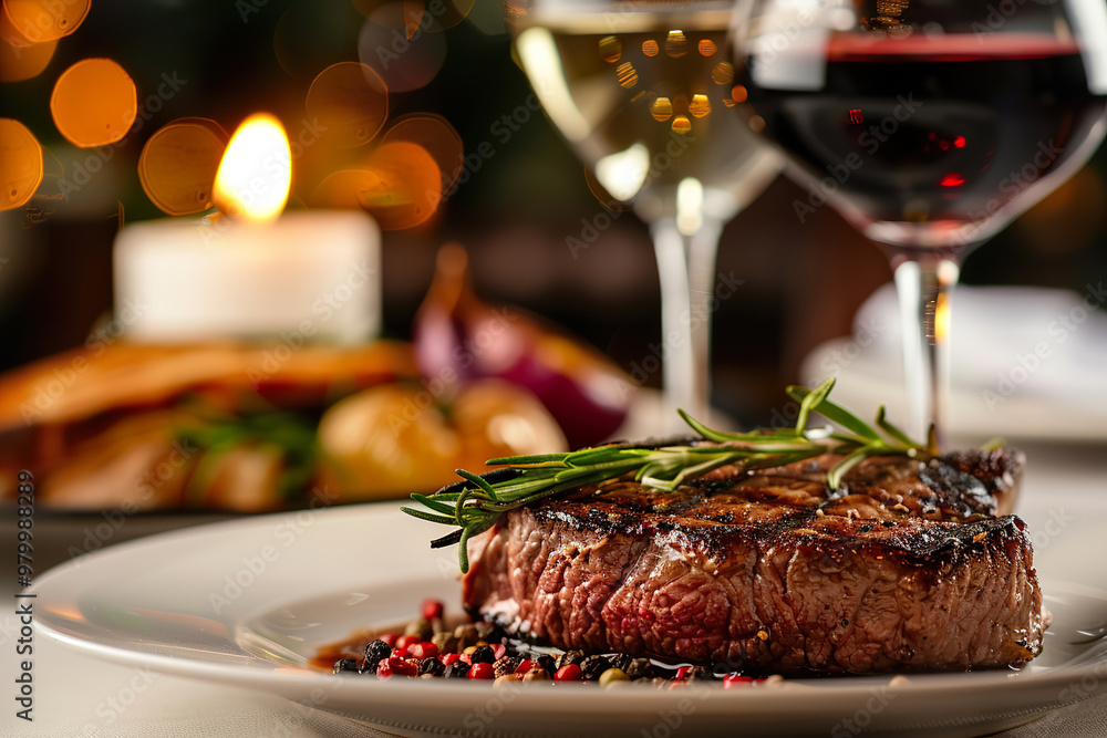 A plate of steak with a tomato on it and a glass of wine., A plate of steak with a tomato on it and a glass of wine.,