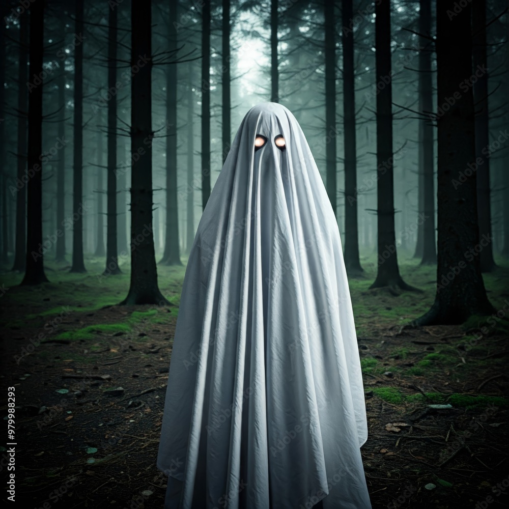 Person Dressed as a scary Ghost in a White Sheet for Halloween in a Spooky, Festive Setting Person Dressed as a scary Ghost in a White Sheet for Halloween in a Spooky, Festive Setting
