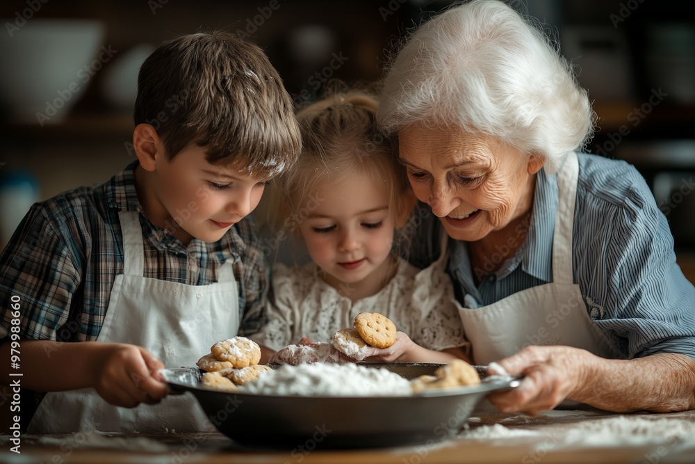 A heartwarming scene of a grandmother and her two young grandchildren bonding while baking cookies together. A heartwarming scene of a grandmother and her two young grandchildren bonding while baking cookies together.