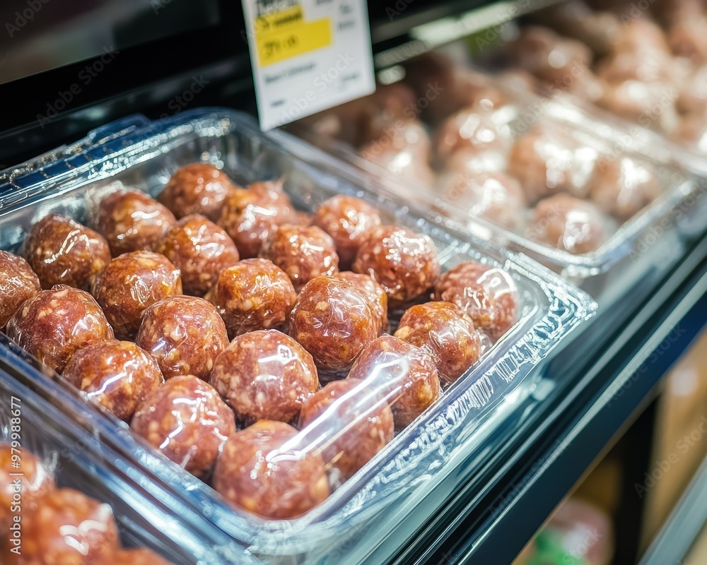 Pork meatballs in plastic packaging available at the store Pork meatballs in plastic packaging available at the store