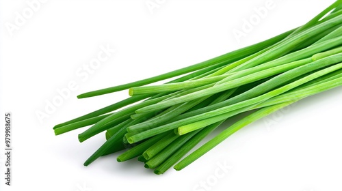  Green onion cluster close-up on white background with clipped edge